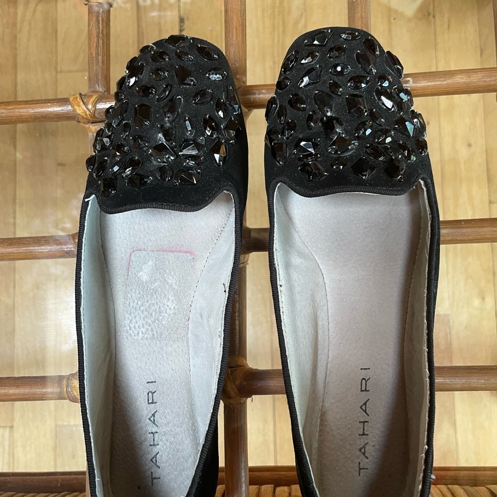Tahari black suede flats with jeweled toes, in great condition and clean soles.